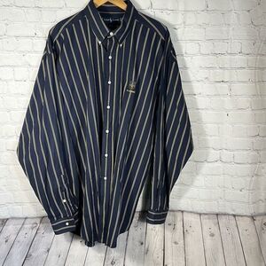 Vintage Ralph Lauren Crest Shield Shirt Mens XXL Blue Navy Gold Striped Blaire